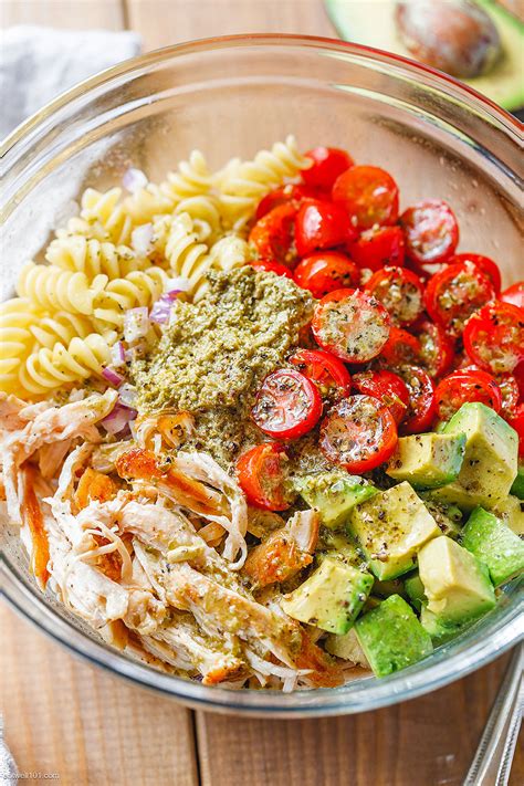 Chicken Pasta Salad Recipe With Pesto Avocado And Tomato
