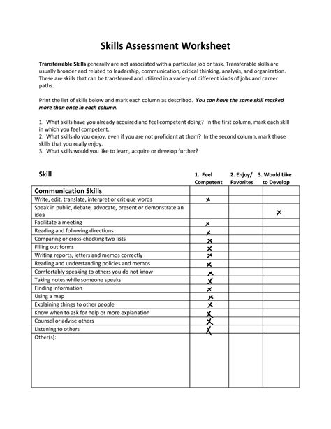 Skills Inventory Worksheet Skills Assessment Worksheet Transferrable