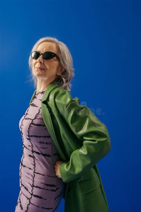 Grey Haired Woman In Trendy Sunglasses Stock Image Image Of Leather