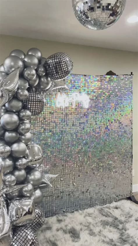 Diy Sequins Backdrop With Balloon Garland And Neon Sign Disco
