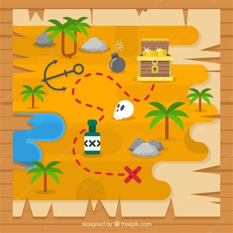 Free Vector Treasure Map With Elements In Flat Design