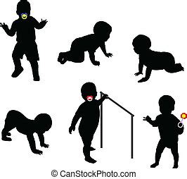 Un niño caminando. Niños caminando, siluetas negras, catorce posturas diferentes. | CanStock