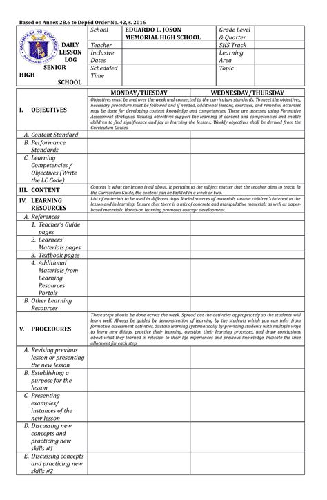 Shs Dll Template 2022 Based On Annex 2b To Deped Order No 42 S