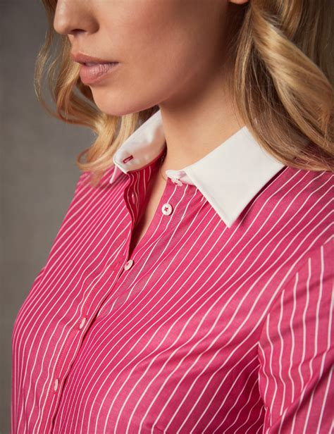 Womens Pink And White Stripe Semi Fitted Shirt With White Collar And Cuff
