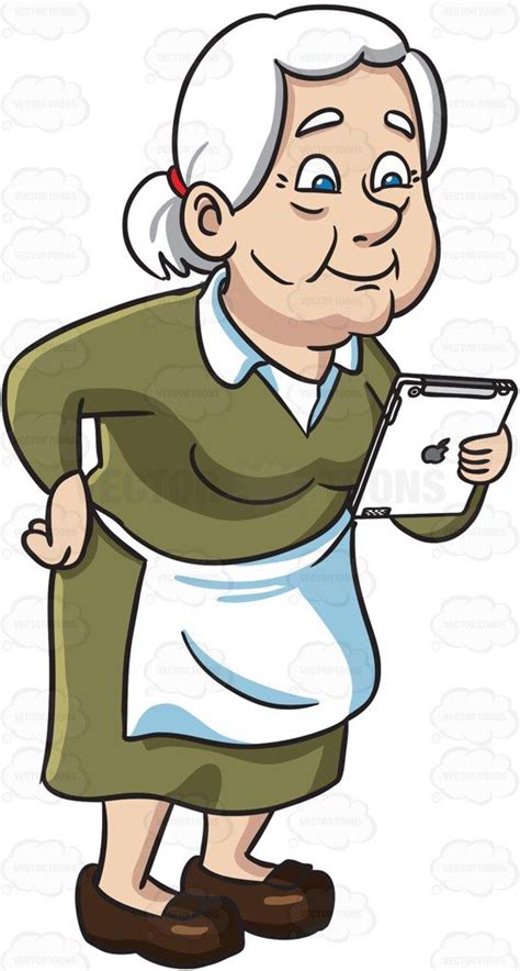 An Old Woman Reading From An Ipad Cartoon Clipart