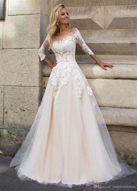 Discount Sleeves Lace Appliqued Champagne Wedding Dress For Bride A Line Dropped Waist