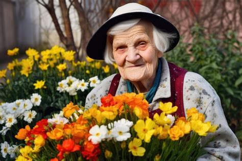 Premium Ai Image Happy Portrait And Elderly Woman With Flowers For