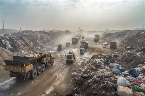 Landfill With Waste Disposal Trucks And Conveyor Belts Moving Trash To