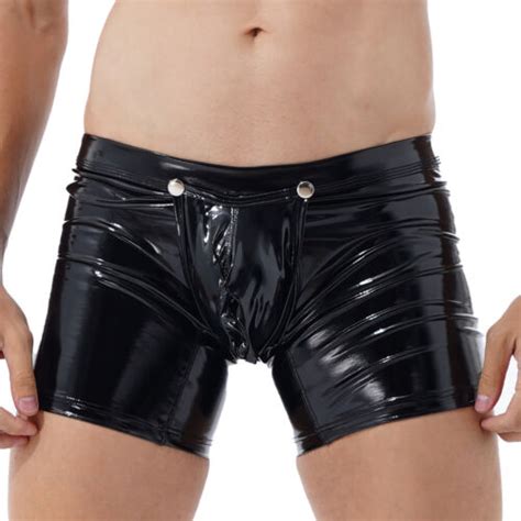Mens Shorts Wetlook Pvc Leather Boxer Briefs Button Crotch Bulge Pouch