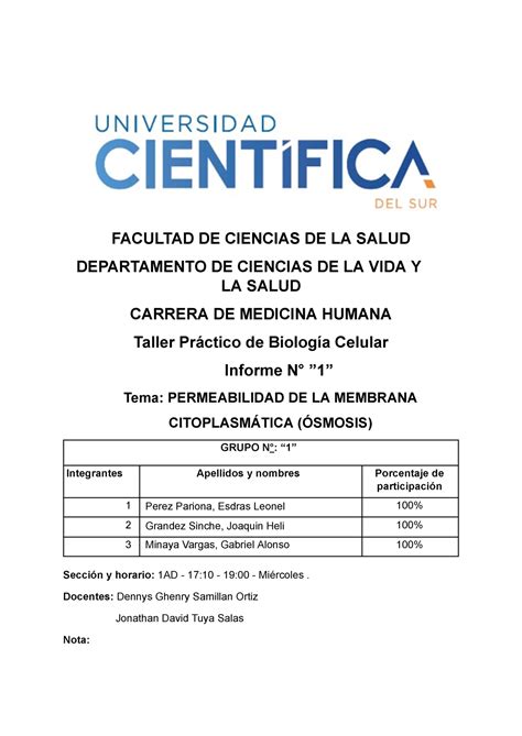 Informe De Laboratorio Facultad De Ciencias De La Salud