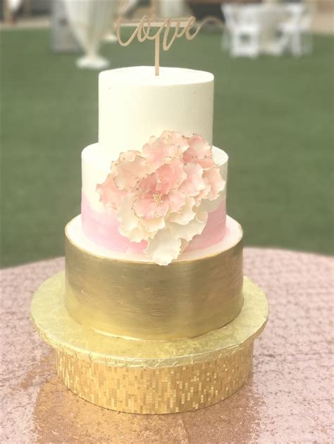 Ivory Blush Pink And Gold Painted Tier With Peony Sugar Flower And