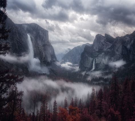 Wallpaper Waterfall Mountain Hills Forest Dark Clouds