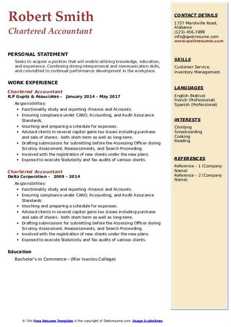 Chartered Accountant Resume Samples Qwikresume