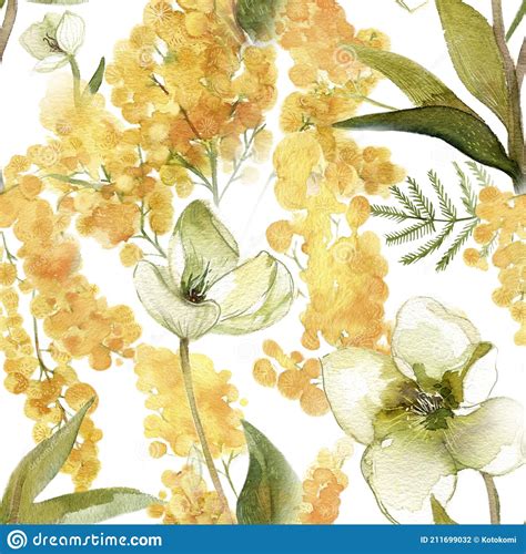 Mimosa And Hellebore Watercolor Pattern For Wallpapers And Textile