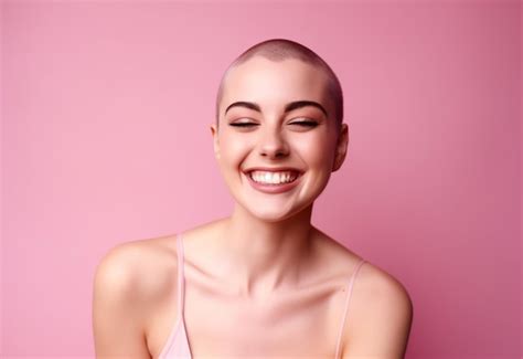 Una Mujer Adulta Sonriente Con Una Cabeza Afeitada Modelo De Mujer Calva Posando Sobre Un Fondo