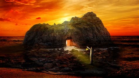 Download Wallpaper 2560x1440 Rock Cave Man Lonely Sea