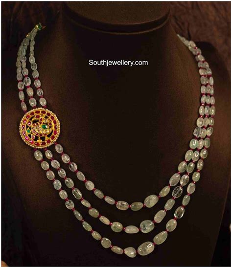 Emerald Beads Necklace With Kundan Side Pendant Indian Jewellery Designs