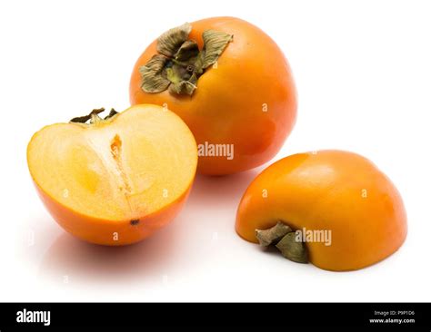 Persimmon Kaki Isolated On White Background One Whole One Cut In Half