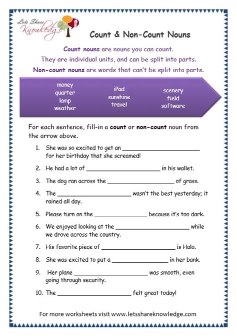 Grade 3 Grammar Topic 12: Count and Noncount Nouns Worksheets – Lets