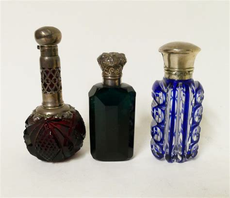 Victorian Coloured Glass Scent Bottles With Silver Tops Scent Bottles