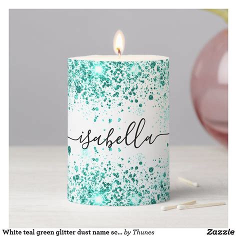 White Teal Green Glitter Dust Name Script Elegant Pillar Candle