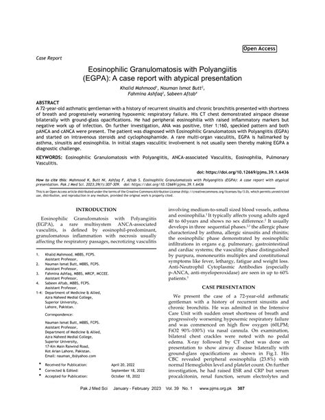 Pdf Eosinophilic Granulomatosis With Polyangiitis Egpa A Case