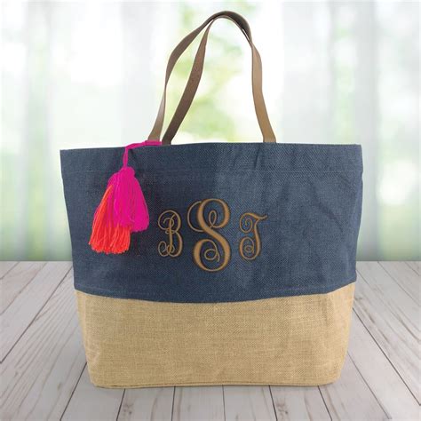Embroidered Color Block Monogram Jute Tote Bag Tsforyounow