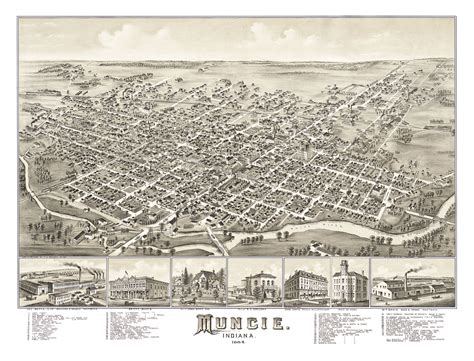Muncie, Indiana in 1884 - Bird's Eye View Map, Aerial Map, Panorama