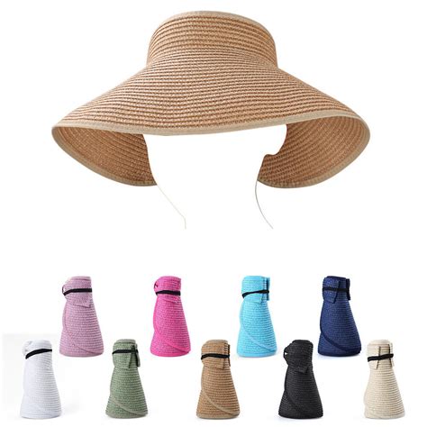 Women Packable Roll Up Wide Visor Straw Sun Hat Foldable Beach Summer Brim Cap Ebay