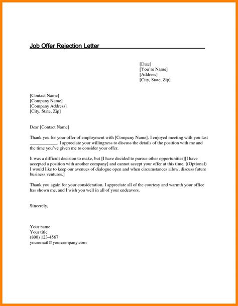 Rejection Letter To Decline Job Offer Template Business Format