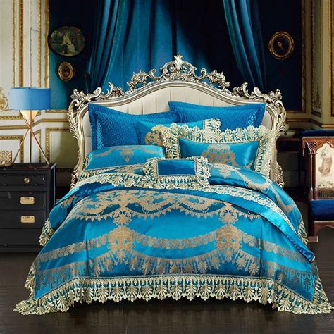 4610pcs Lace Blue Oriental Luxury Duvet Cover Set Wedding Royal Queen