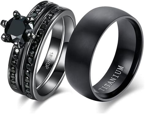 Loversring Couple Ring Bridal Sets His Hers Women 18k Black Gold Plated