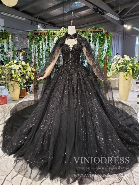 Sparkly Black Lace Ball Gown Wedding Dress With Cap Vintage Formal Dre
