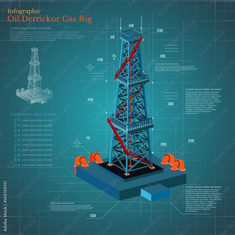 Plan Drawing Oil Derrick Tower Or Gas Rig Infographic On Blue Scheme