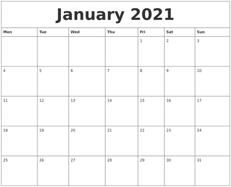 January 2021 Blank Monthly Calendar Template