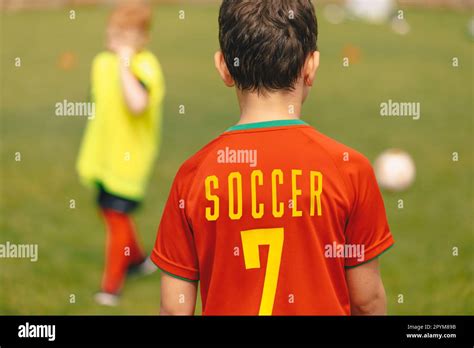 Little Soccer Boy In Red Jersey T Shirt Schoolboy Soccer Shirt