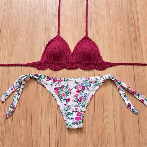Women Summer Bikini Sexy Crochet Red Top Print Floral Bottom Swimwear