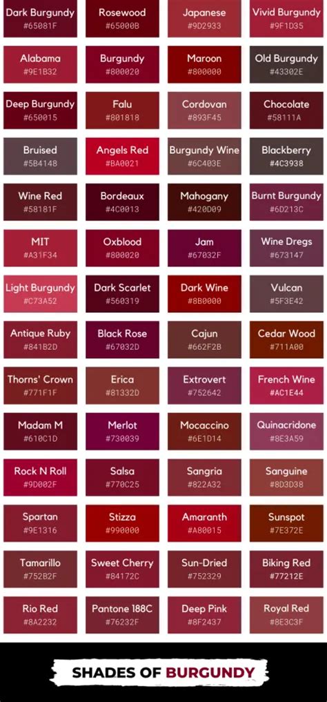 Shades Of Burgundy Color With Names Hex Rgb Codes