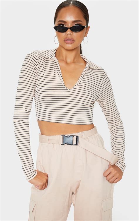 Nude Stripe Rib Collar Crop Top Tops Prettylittlething Uae