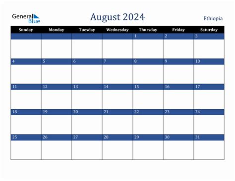 August 2024 Ethiopia Holiday Calendar