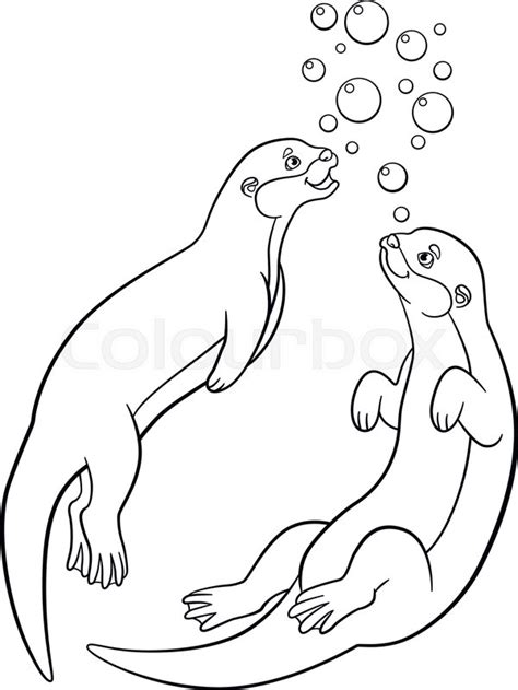 Coloring Pages Two Little Cute Otters Stock Vector