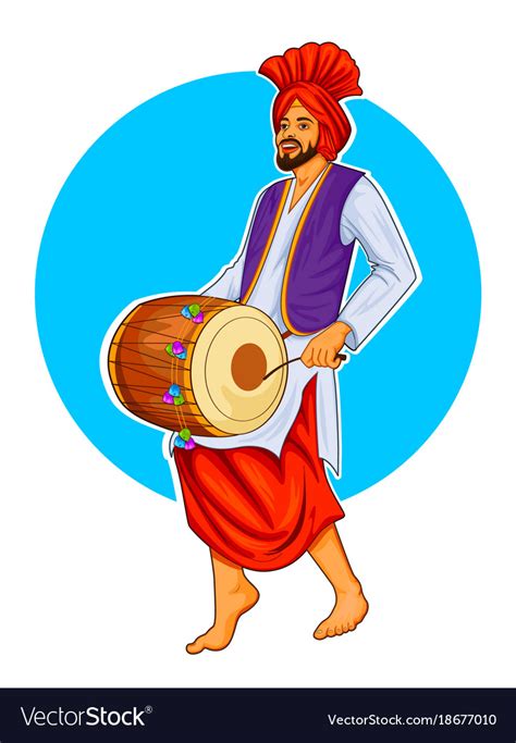 Sikh Punjabi Sardar Playing Dhol And Dancing Vector Image