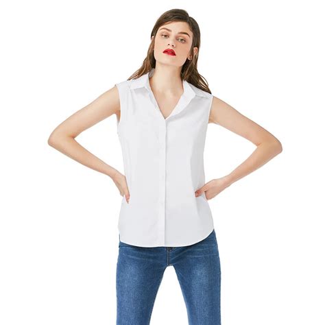 Sovalro New Office Ladies Sleeveless White Shirts Cotton Turn Down