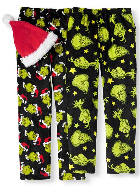 Dr Seuss Mens Grinch 2 Pack Pajama Pant With Santa Hat