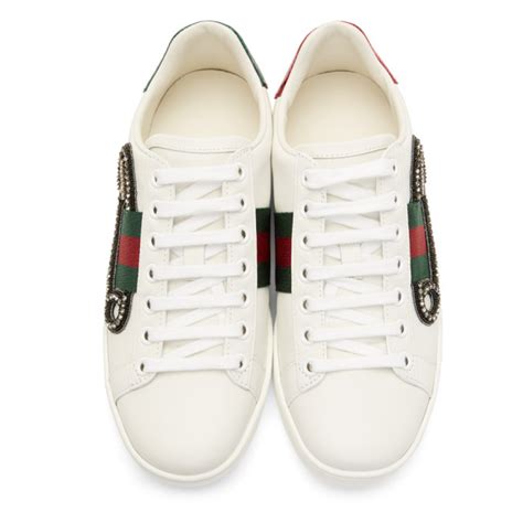 Gucci Ace Watersnake Trimmed Embellished Leather Sneakers White Modesens
