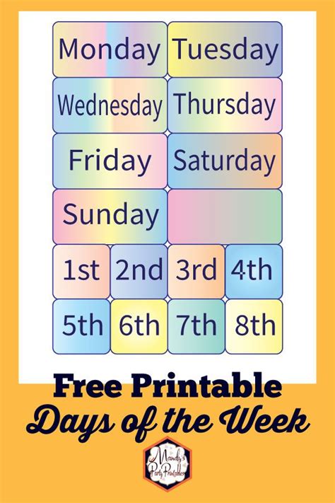 printable days   week  ordinal
