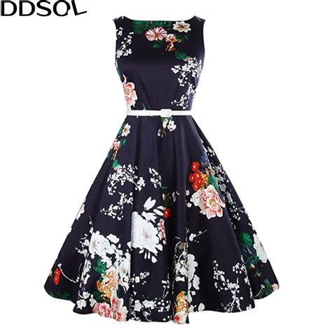 Ddsol Summer Dress Retro Cotton Floral Print 50s 60s Dresses With Belt