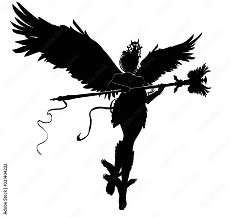 black silhouette of a beautiful angel woman with a long staff and a diadem on her head with huge
