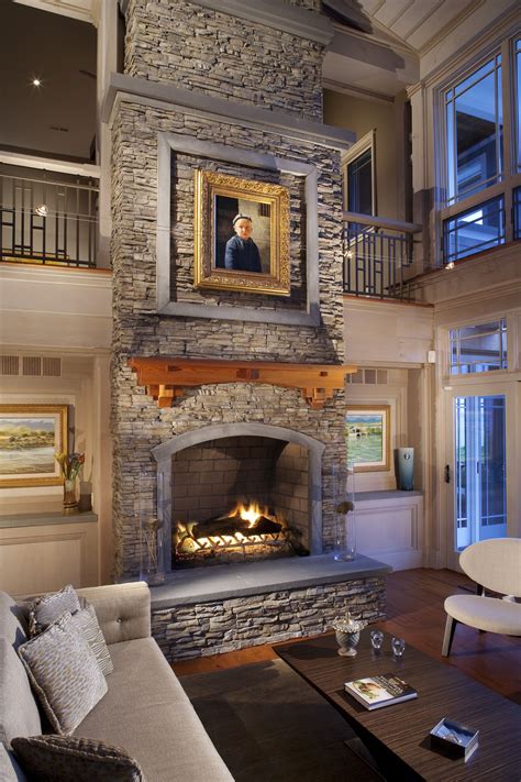 Large Stone Wall And Stone Fireplace With Wood Mantle Stacked Stone