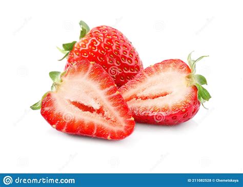 Delicious Whole And Cut Strawberries On White Background Stock Photo